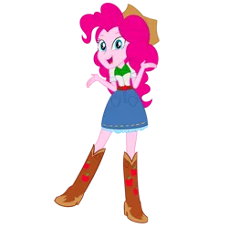 Size: 894x894 | Tagged: safe, artist:editoria, derpibooru import, pinkie pie, human, equestria girls, g4, belt, boots, clothes, clothes swap, cowboy boots, cowboy hat, hat, high heel boots, image, png, shirt, shoes, simple background, skirt, solo, transparent background, white background