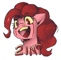 Size: 473x469 | Tagged: safe, artist:buttercupsaiyan, pinkie pie, 2 int, blood, creepypasta, crying, dithering, female, horror, image, laughing, meme, pixel art, png, retro, solo, tears of blood, wide eyes