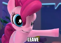 Size: 607x433 | Tagged: safe, derpibooru import, pinkie pie, earth pony, pony, g4, hello pinkie pie, caption, image, image macro, impact font, jpeg, meme, pointing, reaction image, solo, text