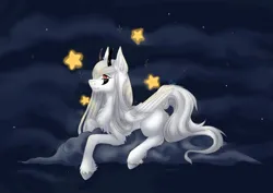 Size: 1280x905 | Tagged: safe, artist:cayo, derpibooru import, oc, unofficial characters only, pegasus, pony, chest fluff, cloud, female, horns, image, jpeg, lying down, mare, night, pegasus oc, smiling, solo, stars, white fur, white mane, wings