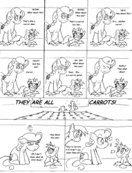 Size: 1012x1327 | Tagged: safe, artist:conner cogwork, derpibooru import, carrot top, dinky hooves, golden harvest, comic:life with derpy, g4, carrot top's garden, image, monochrome, png