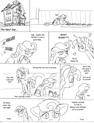 Size: 1012x1327 | Tagged: safe, artist:conner cogwork, derpibooru import, carrot top, golden harvest, pinkie pie, comic:life with derpy, g4, carrot top's garden, image, monochrome, png