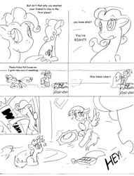 Size: 1012x1327 | Tagged: safe, artist:conner cogwork, derpibooru import, carrot top, derpy hooves, dinky hooves, golden harvest, pinkie pie, pegasus, pony, comic:life with derpy, g4, carrot top's garden, female, image, mare, monochrome, png