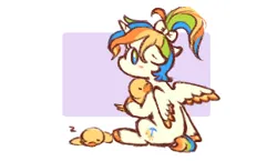 Size: 324x188 | Tagged: safe, artist:fizpup, derpibooru import, baby quackers, alicorn, bird, duck, pony, g1, alicornified, blue eyes, bow, colored wings, colored wingtips, cute, feathered wings, female, filly, floppy ears, foal, full body, hair bow, holding, horn, image, looking at you, looking back, mare, multicolored hair, onomatopoeia, partially open wings, png, race swap, rainbow hair, rainbow tail, rear view, sitting, solo, sound effects, tail, two toned background, unshorn fetlocks, white coat, wings, zzz