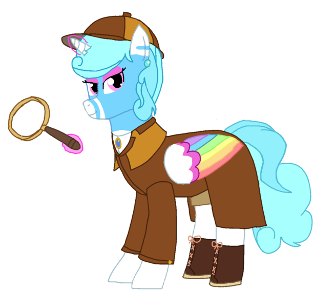 Size: 1372x1262 | Tagged: safe, artist:mlp-headstrong, derpibooru import, oc, oc:jemima sparkle, alicorn, g4, alicorn oc, boots, clothes, deerstalker, detective, female, hat, horn, image, magnifying glass, png, shoes, simple background, solo, transparent background, wings