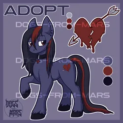 Size: 1900x1900 | Tagged: safe, artist:dogs-from-mars, derpibooru import, oc, earth pony, pony, adoptable, black and red mane, black hooves, collar, ear piercing, earring, for sale, heart, image, jewelry, long mane, piercing, png, purple, red eyes, solo