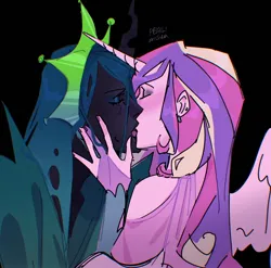 Size: 1672x1652 | Tagged: safe, artist:peachmichea, derpibooru import, princess cadance, queen chrysalis, human, g4, black background, black skin, cadalis, duo, duo female, eyes closed, female, hand on face, image, infidelity, jpeg, kissing, lesbian, pink skin, shipping, simple background