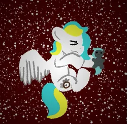 Size: 519x506 | Tagged: safe, artist:cxcd, derpibooru import, oc, oc:alpine needle, unofficial characters only, pegasus, amputee, blue mane, clock, cutie mark, image, lying down, plushie, png, red background, simple background, sleeping, stars, white coat, wings, yellow mane