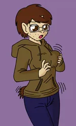 Size: 1184x1974 | Tagged: safe, artist:sin-r, derpibooru import, oc, unofficial characters only, anthro, human, unicorn, breasts, clothes, glasses, hoodie, horn, human to anthro, image, jpeg, simple background, solo, surprised, transformation, transformation sequence, transgender transformation