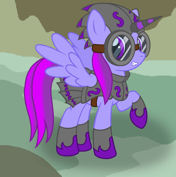 Size: 1808x1820 | Tagged: safe, artist:sin-r, derpibooru import, oc, unofficial characters only, pegasus, pony, armor, female, goggles, grin, helmet, hoof shoes, image, jpeg, mare, ponysona, raised hoof, smiling, solo