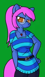 Size: 1308x2240 | Tagged: safe, artist:sin-r, derpibooru import, oc, oc:emily, unofficial characters only, anthro, earth pony, belt, big breasts, breasts, earth pony oc, female, glasses, hand on hip, image, jpeg, looking at you, simple background, smiling, solo