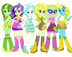 Size: 1002x797 | Tagged: safe, artist:sungoldkiwi, derpibooru import, oc, oc:grape seed, oc:lucky lime, oc:luscious lemonade, oc:princess starshine, oc:sungold kiwi, oc:wave catcher, unofficial characters only, equestria girls, g4, image, jpeg, recolor, simple background, white background