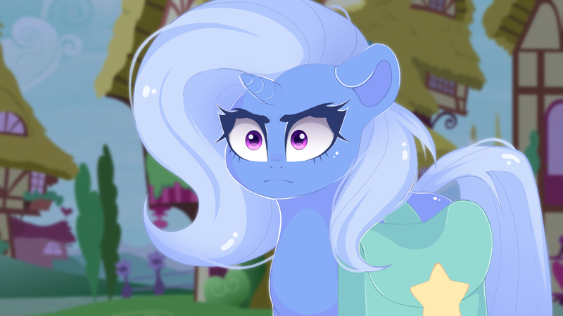 Size: 1280x720 | Tagged: safe, artist:evildraw, derpibooru import, trixie, pony, unicorn, g4, bag, digital art, female, frown, horn, image, look of disapproval, mare, png, ponyville, saddle bag, solo, trixie is not amused, unamused