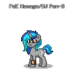 Size: 800x774 | Tagged: safe, artist:blackblade360, derpibooru import, edit, edited screencap, screencap, oc, oc:homage, unofficial characters only, pony, unicorn, fallout equestria, ashes town, digital art, element of honesty, female, gray coat, horn, image, mare, mare oc, orange eyes, pipbuck, pixel art, png, pony oc, simple background, tail, transparent background, two toned mane, two toned tail, unicorn oc