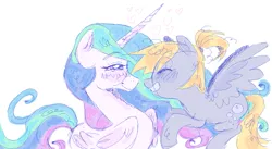 Size: 1289x708 | Tagged: safe, artist:bananamewmew, derpibooru import, derpy hooves, princess celestia, alicorn, pegasus, pony, g4, duo, eyes closed, female, flying, image, lesbian, looking at each other, looking at someone, png, ponytail, ship:derpylestia, shipping, simple background, smiling, smiling at each other, white background