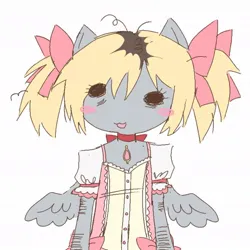 Size: 1080x1081 | Tagged: safe, artist:bananamewmew, derpibooru import, derpy hooves, anthro, g4, bow, clothes, cosplay, costume, dress, image, jpeg, madoka kaname, magical girl, puella magi madoka magica, scar, self harm, self harm scars, simple background, solo, white background, winged anthro, wings