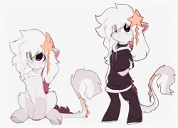 Size: 2484x1796 | Tagged: safe, artist:little-sketches, ponerpics import, oc, oc:ayaka, unofficial characters only, earth pony, pony, semi-anthro, blaze (coat marking), cheek fluff, chest fluff, choker, clothes, colored hooves, earth pony oc, ethereal mane, eye clipping through hair, eyebrows visible through hair, female, floppy ears, gray background, hairclip, heart, hoodie, image, jpeg, leg fluff, leggings, leonine tail, looking up, mare, neck wraps, raised hoof, simple background, sitting, smiling, solo, standing on two hooves, starry mane, streamers, tail wrap, underhoof