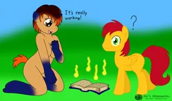 Size: 2385x1408 | Tagged: suggestive, artist:sin-r, derpibooru import, oc, unofficial characters only, human, pegasus, pony, unicorn, book, breasts, dialogue, duo, female to male, horn, human to pony, image, jpeg, kneeling, magic, male to female, outdoors, question mark, rule 63, surprised, transformation, transformation sequence, transgender transformation