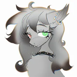 Size: 2400x2400 | Tagged: safe, artist:opalacorn, derpibooru import, oc, unofficial characters only, earth pony, pony, bust, chest fluff, collar, ear piercing, earring, female, grayscale, heterochromia, image, jewelry, jpeg, mare, monochrome, nose piercing, nose ring, partial color, piercing, simple background, solo, spiked collar, white background