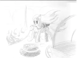 Size: 2244x1696 | Tagged: safe, artist:alexandrvirus, derpibooru import, oc, unofficial characters only, earth pony, pony, fallout equestria, :p, flamethrower, grayscale, image, monochrome, png, solo, tongue out, traditional art, weapon, wind, windswept mane