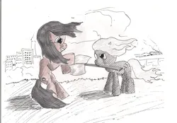 Size: 2304x1608 | Tagged: safe, artist:alexandrvirus, derpibooru import, oc, unofficial characters only, earth pony, pony, axe, battle axe, bipedal, city, duo, fight, image, looking at each other, looking at someone, mouth hold, outdoors, png, traditional art, weapon