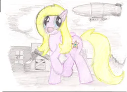 Size: 2160x1568 | Tagged: safe, artist:alexandrvirus, derpibooru import, oc, oc:star mix, unofficial characters only, pegasus, pony, airship, female, happy, image, mare, open mouth, open smile, png, ruins, smiling, solo, traditional art, walking, zeppelin