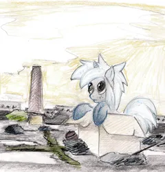 Size: 1008x1048 | Tagged: safe, artist:alexandrvirus, derpibooru import, oc, oc:kate, unofficial characters only, pony, unicorn, box, female, horn, image, jpeg, mare, outdoors, pony in a box, solo, traditional art, wasteland