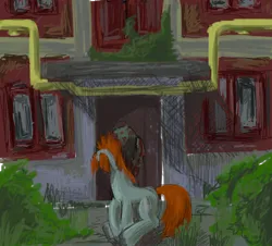 Size: 2262x2043 | Tagged: safe, artist:alexandrvirus, derpibooru import, oc, unofficial characters only, pony, building, door, entrance, hat, high res, image, looking away, outdoors, png, sitting, solo