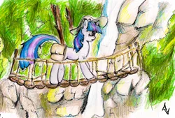 Size: 1632x1100 | Tagged: safe, artist:alexandrvirus, derpibooru import, twilight sparkle, pony, unicorn, g4, bag, bridge, female, forest, hat, image, jpeg, jungle, mare, nature, outdoors, saddle bag, solo, traditional art, tree, unicorn twilight, water, waterfall