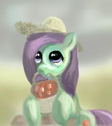 Size: 652x734 | Tagged: safe, artist:alexandrvirus, derpibooru import, oc, unofficial characters only, earth pony, pony, basket, female, food, hat, image, jpeg, mare, mouth hold, solo, straw hat, tomato
