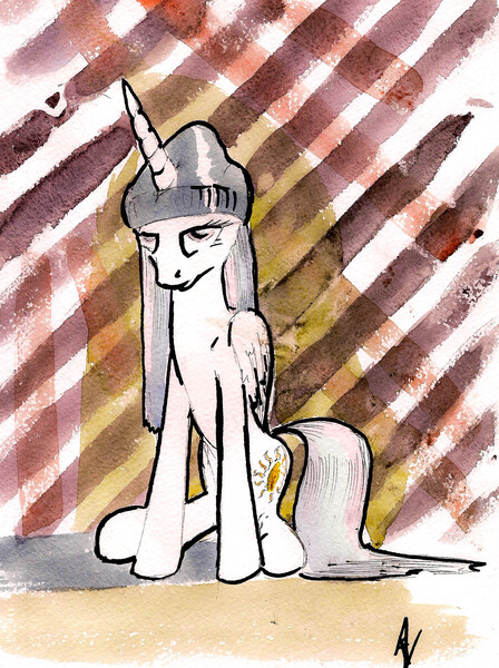 Size: 1588x2128 | Tagged: safe, artist:alexandrvirus, derpibooru import, princess celestia, alicorn, pony, g4, beanie, female, hat, image, jpeg, mare, sitting, solo, straight mane, traditional art, watercolor painting