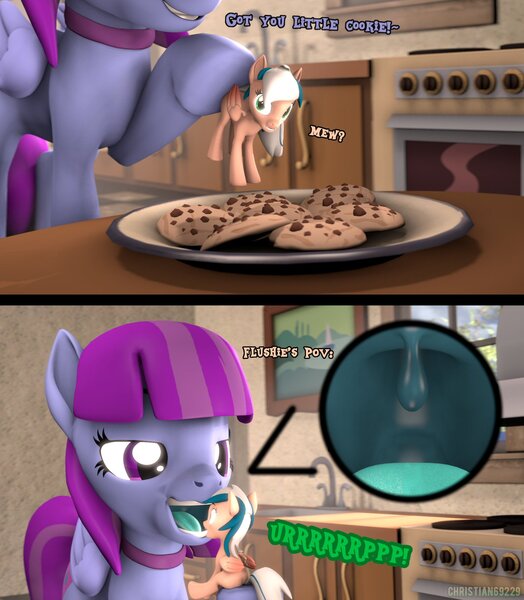 Size: 1787x2048 | Tagged: suggestive, artist:christian69229, ponerpics import, oc, unofficial characters only, bat pony, pony, 3d, bat pony oc, bat wings, cookie, dialogue, eaten alive, female, food, image, jpeg, mare, size difference, vore, wings