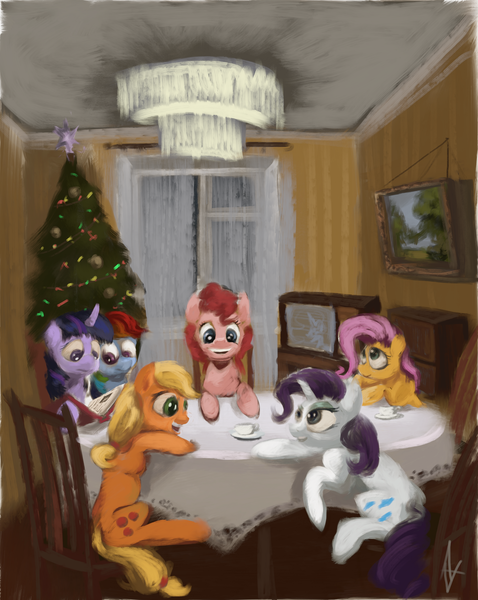 Size: 2019x2534 | Tagged: safe, artist:alexandrvirus, derpibooru import, applejack, fluttershy, pinkie pie, princess celestia, rainbow dash, rarity, twilight sparkle, earth pony, pegasus, pony, unicorn, g4, book, chair, christmas, christmas tree, cup, female, grin, high res, holiday, horn, image, indoors, mane six, mare, new years eve, png, reading, sitting, smiling, soviet, table, teacup, television, tree