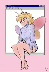 Size: 1130x1665 | Tagged: safe, artist:alexandrvirus, derpibooru import, derpy hooves, human, g4, animal costume, bee costume, clothes, costume, feet, female, humanized, image, jpeg, msn messenger, simple background, sitting, smiling, solo