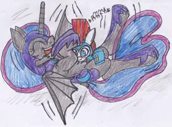 Size: 1280x943 | Tagged: safe, artist:cuddlelamb, derpibooru import, nightmare moon, oc, oc:cuddlelamb, alicorn, bat pony, bat pony alicorn, pony, unicorn, g4, bat wings, blushing, clothes, colored pencil drawing, cosplay, costume, dock, duo, duo male and female, ethereal mane, ethereal tail, eyes closed, female, helmet, horn, image, jpeg, laughing, lying down, male, male oc, mega man (series), megaman, old art, on back, onomatopoeia, open mouth, raspberry, raspberry noise, spread wings, stallion, stallion oc, tail, tongue out, traditional art, tummy buzz, wings