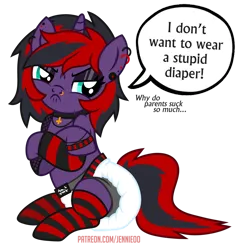 Size: 872x917 | Tagged: safe, artist:jennieoo, derpibooru import, oc, oc:charming dazz, unofficial characters only, pony, unicorn, clothes, crossed hooves, diaper, diaper fetish, ear piercing, earring, emo, eyelashes, female, female oc, fetish, horn, image, it's a phase, jewelry, looking at you, non-baby in diaper, nose piercing, nose ring, piercing, png, red and black mane, simple background, sitting, socks, solo, speech bubble, striped socks, talking to viewer, teenager, transparent background, unamused, unicorn oc