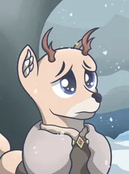 Size: 756x1017 | Tagged: safe, artist:cofido, derpibooru import, oc, oc:mathias jelzek, unofficial characters only, deer, equestria at war mod, antlers, bust, clothes, deer oc, ear fluff, fawn, frown, image, jewelry, male, necklace, non-pony oc, png, portrait, snow, snowfall, solo