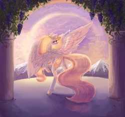 Size: 4240x3951 | Tagged: safe, artist:anastas, derpibooru import, blackthorn, princess celestia, alicorn, g4, alternate design, colored hooves, column, detailed background, ethereal mane, ethereal tail, flowing mane, flowing tail, food, gold hooves, grapes, hooves, image, mountain, png, prancing, reflection, solo, spread wings, sternocleidomastoid, sunset, tail, thorn, vine, wings