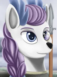 Size: 400x538 | Tagged: safe, derpibooru import, oc, oc:ygritte bylgjasdôttir, unofficial characters only, deer, equestria at war mod, antlers, armor, bust, chainmail, deer oc, female, image, monocle, non-pony oc, png, portrait, solo, spear, weapon