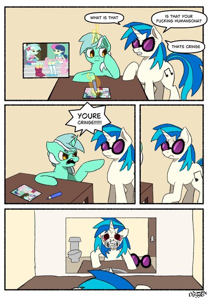 Size: 2000x2873 | Tagged: safe, artist:simpledoggo, derpibooru import, lyra heartstrings, vinyl scratch, human, pony, unicorn, equestria girls, g4, accessory, angry, background pony, bathroom, clothes, crayon, crying, door, female, glasses, horn, image, jpeg, looking at a mirror, magic, mare, meme, mirror, raised hoof, sad, shitposting, sitting, speech bubble, table, telekinesis, toilet, upset, vinyl's glasses, vulgar