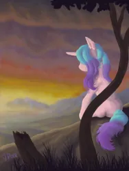 Size: 1500x2000 | Tagged: safe, artist:adeardeer, derpibooru import, izzy moonbow, pony, unicorn, g5, female, horn, image, jpeg, mare, outdoors, sitting, solo, sunset, tree