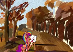 Size: 2000x1413 | Tagged: safe, artist:gosupermarinespitfire, derpibooru import, sunny starscout, earth pony, pony, g5, autumn, brush, female, forest, image, jpeg, mane stripe sunny, mare, nature, outdoors, painting, solo, tree