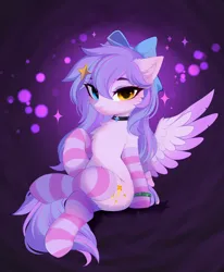 Size: 3552x4315 | Tagged: safe, artist:empress-twilight, derpibooru import, oc, unofficial characters only, bat pony, earth pony, pegasus, pony, unicorn, g4, g5, abstract background, bow, bracelet, chest fluff, choker, clothes, commission, ear fluff, earth pony oc, hair bow, hairclip, heterochromia, horn, image, jewelry, lidded eyes, my little pony, pegasus oc, png, ponies sitting like humans, socks, solo, striped socks, tail, tail bow, unicorn oc, wings, ych result, your character here