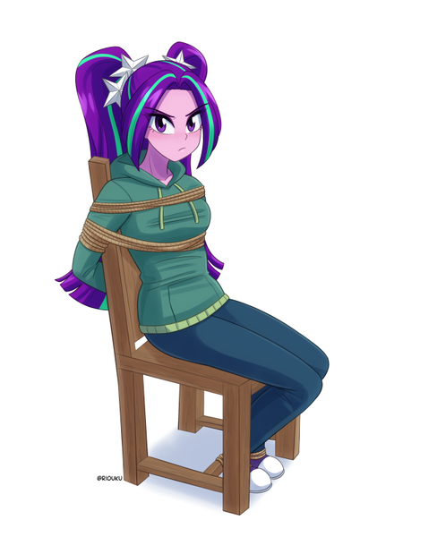 Size: 650x800 | Tagged: safe, artist:riouku, derpibooru import, aria blaze, human, equestria girls, g4, annoyed, ariasub, bondage, chair, clothes, female, glare, image, looking at you, png, simple background, sitting, solo, sweater, teenager, tied up, two toned hair, white background