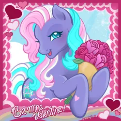 Size: 2400x2400 | Tagged: safe, artist:sparkytopia, derpibooru import, razzaroo, earth pony, pony, g3, blue eyes, bouquet of flowers, commission, female, flower, holiday, image, looking at you, mare, multicolored hair, open mouth, open smile, png, purple coat, smiling, solo, text, valentine's day, ych example, your character here