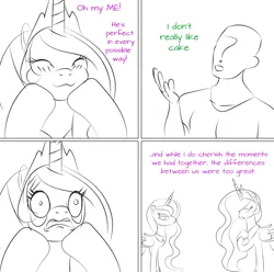 Size: 4000x3963 | Tagged: safe, artist:anonymousandrei, derpibooru import, princess celestia, princess luna, oc, oc:anon, alicorn, human, pony, g4, 4 panel comic, anonlestia, breakup, cake, cakelestia, comic, derpibooru exclusive, dialogue, eyelid pull, faic, food, image, jpeg, shipping, simple background, sketch, white background