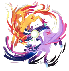 Size: 1980x2048 | Tagged: safe, alternate version, artist:mylesnnaise, derpibooru import, sunset shimmer, twilight sparkle, twilight sparkle (alicorn), alicorn, pony, g4, alicornified, duo, duo female, female, image, magic, mare, png, race swap, shimmercorn, simple background, transparent background, unshorn fetlocks