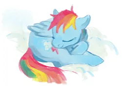 Size: 1864x1316 | Tagged: safe, artist:spectralunicorn, derpibooru import, rainbow dash, pegasus, pony, g4, closed mouth, cloud, curled up, eyes closed, feathered wings, female, folded wings, full body, image, mare, on a cloud, png, sleeping, sleeping on a cloud, smiling, solo, turned head, wings