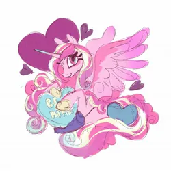 Size: 2048x2048 | Tagged: safe, artist:regenko, derpibooru import, princess cadance, alicorn, pony, g4, female, heart, holiday, hoof shoes, image, jpeg, mare, pillow, simple background, solo, spread wings, valentine, valentine's day, white background, wings