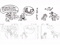 Size: 1080x806 | Tagged: safe, artist:regenko, derpibooru import, princess luna, rarity, spike, alicorn, dragon, pony, unicorn, g4, 3 panel comic, bell, black and white, blushing, bowtie, comic, curved horn, dialogue, female, floating heart, flower, flower in hair, grayscale, hat, heart, hoof shoes, horn, image, jpeg, lesbian, looking at each other, looking at someone, male, mare, monochrome, redraw, ship:rariluna, shipping, simple background, speech bubble, top hat, trio, wedding bells, white background